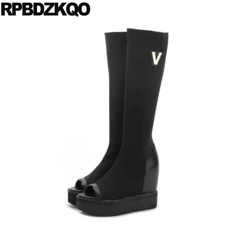 

Muffin Wedge High Heel Stretch Women Extreme Fetish Casual Knee Peep Toe Platform Summer Black Slip On Creepers Boots Shoes