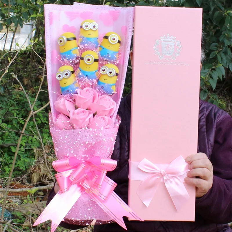 Lovely cartoon dolls with soap flowers cartoon bouquet gift box wedding home decoration Graduation/Birthday/Valentine gifts