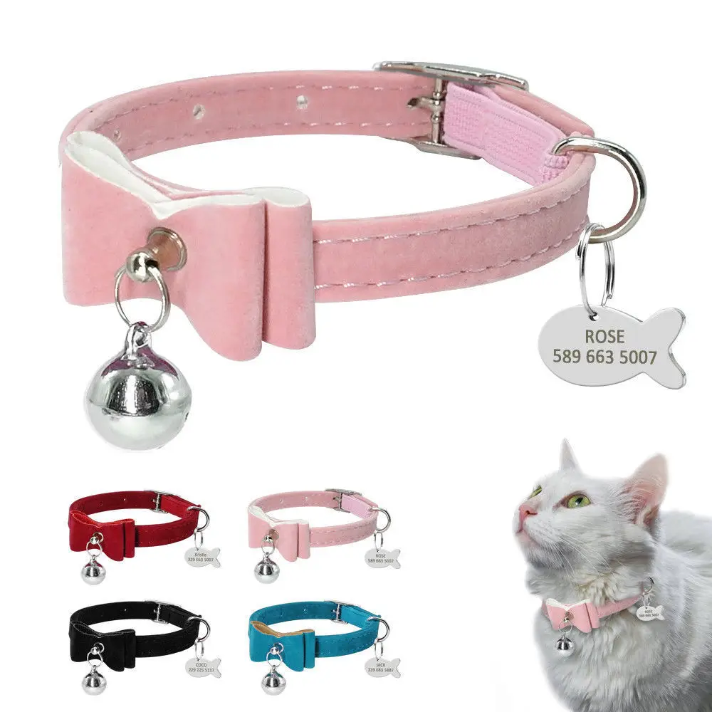 

Cat Collar With Bell Personalized Kitten Puppy ID Tag Bowknot Collar Customized Cat Dog Collars Name Pink Blue Free Engraving