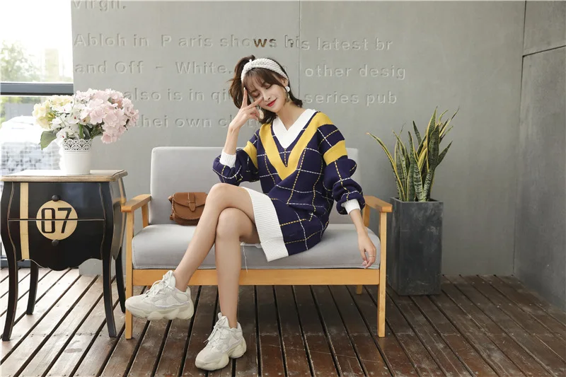Loose Knitted Sweater V Neck Sweater Female 2018 Women Sweaters dress Pullovers Autumn Long Sleeve Sweater Jumper (27)