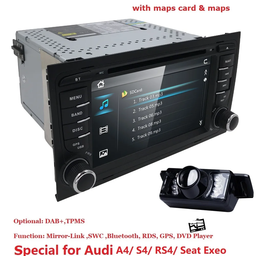 Discount 2 Din Car DVD Multimedia Player for AUDI A4 S4 RS4 2002-2008 GPS Navigation Radio Audio Bluetooth Map Canbus SWC RDS TPMS SD CAM 3