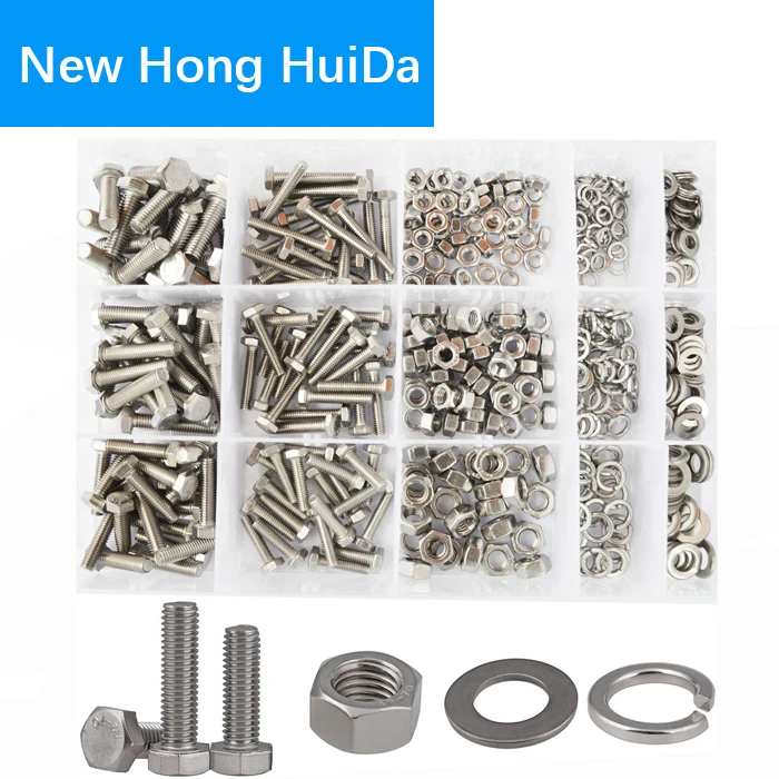 DIN933 Hex Flat Head Bolt Nut Hexagon Thread Metric Screw Flat and Lock Washers Set Assortment Kit 304 Stainless Steel M4 M5 M6