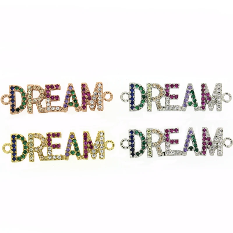 

DREAM word tag charm pave rainbow cz zircon 2 buckle connector pendant for customized bracelet choker earring jewelry making