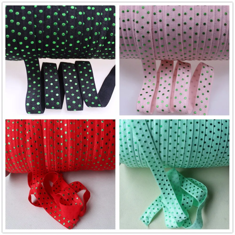 

9 colors green Foil Dots printed FOE ribbon, Top quality 5/8" fold over elastic ribbon, Free shipping 100Y/lot