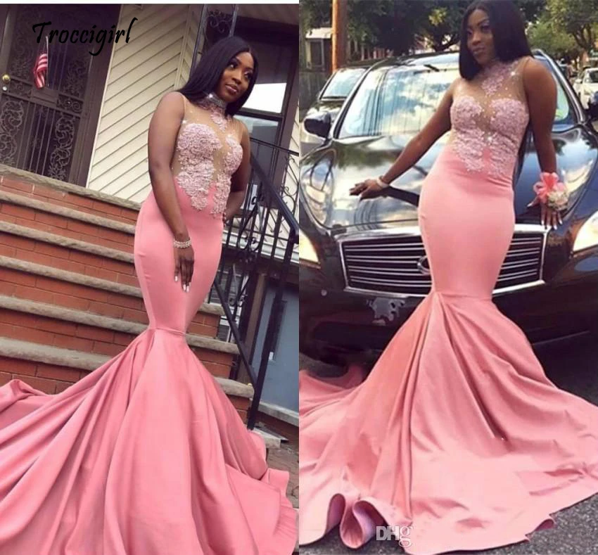 

Hot Selling Beads Pink Long Prom Dresses Mermaid Sheer Applique Black Girl African Party Gowns Plus Size Vestido de fiesta Eveni