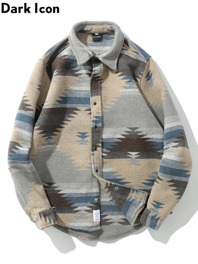 Dark Icon Turn-down Collar Geometric Woolen Shirt Men 2019 Spring Long Sleeved Shirts Men Thick Men's Shirts