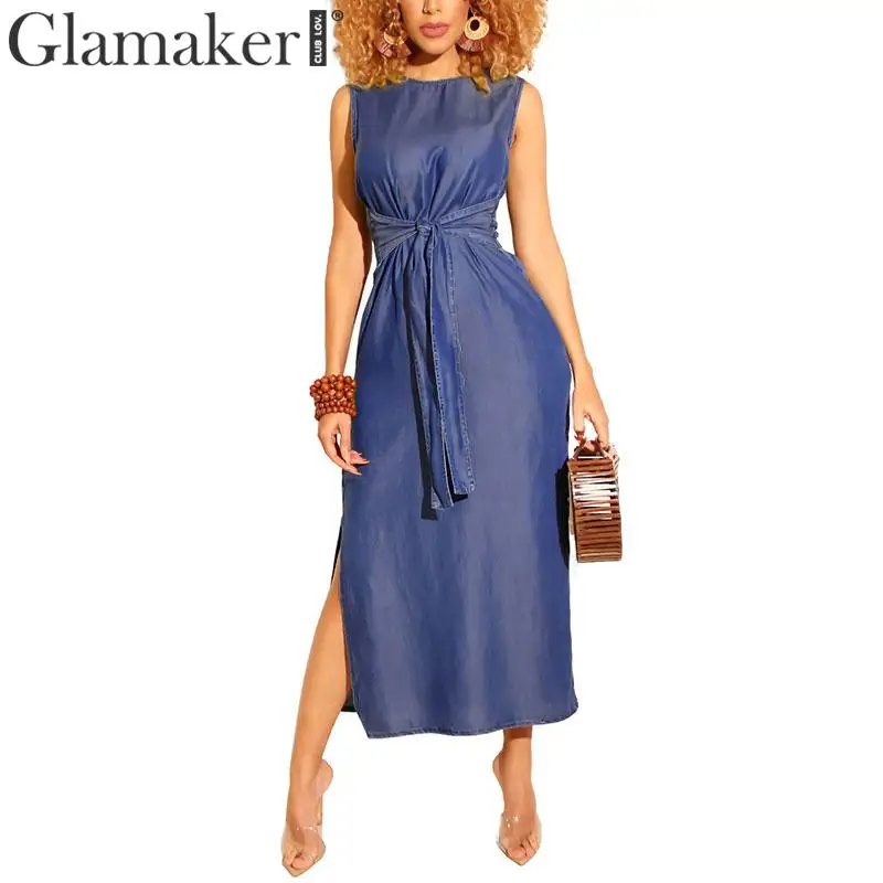 Glamaker, плюс размер, Ретро стиль, Синее джинсовое платье, женское, летнее, на шнуровке, без рукавов, макси платье, женское, элегантное, винтажное, вечернее платье, vestidos