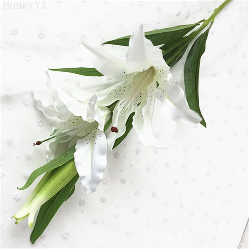 Цветы из белой лилии, искусственная лилия, Розовый Шелковый букет, домашние, вечерние, свадебные, декоративные цветы - Цвет: White