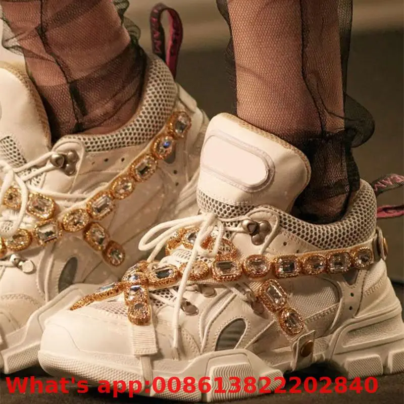 

Crystal Embellished Ultra Sneakers New Luxury Brand Handmade Mixed Colors Platform Trainers Shoes Lace Up Leather Shoes Woman