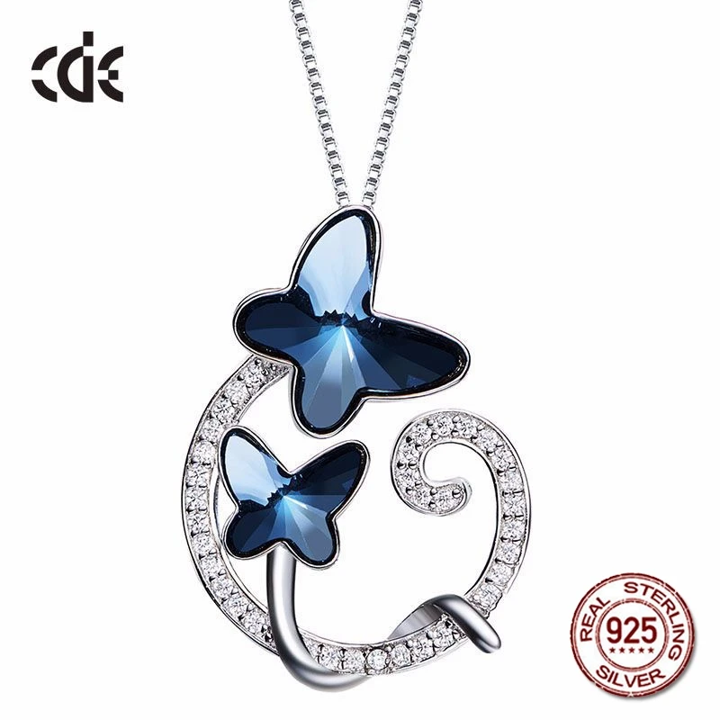 

100% S925 Sterling Silver & Blue Butterfly Crystals from Swarovski Jewelry Austrian Rhinestone Paved Necklaces for Women Gift
