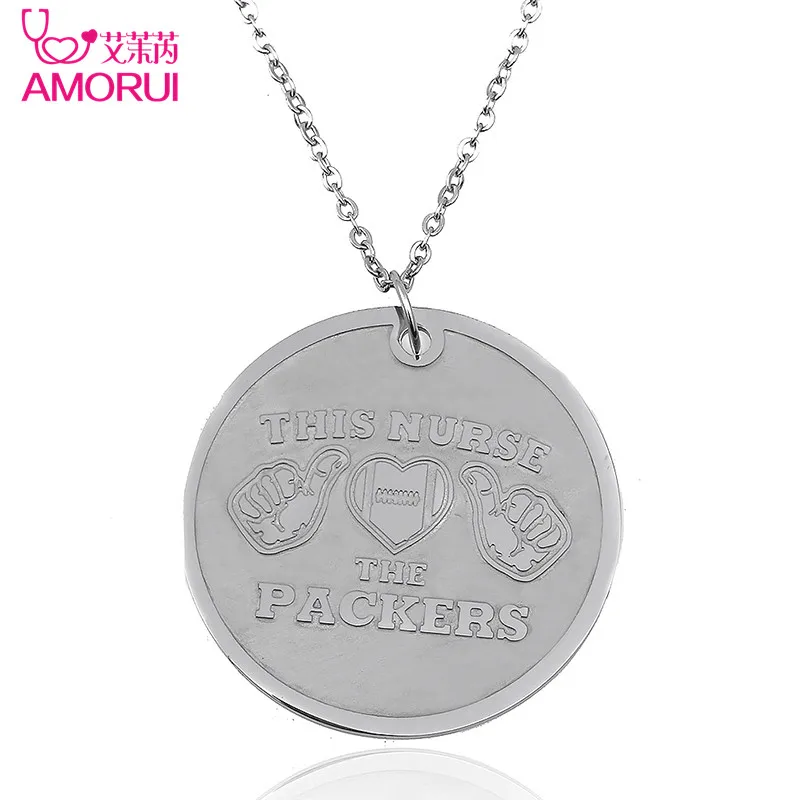 AMORUI Fashion The Nurse Love The Packers Choker Chain Necklace Stainless Steel Heart Football Jewelry Necklaces Pendants Gift