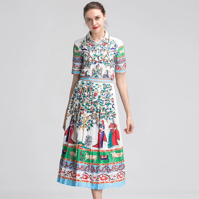 New Summer Pretty 2 Pieces Print Women Sets High Quality Fashion Short Sleeve Turn-down Collar Shirts +Pleated Skirts Slim Suits New Summer Pretty 2 Pieces Print Women Sets High Quality Fashion Short Sleeve Turn-down Collar Shirts +Pleated Skirts Slim Suits