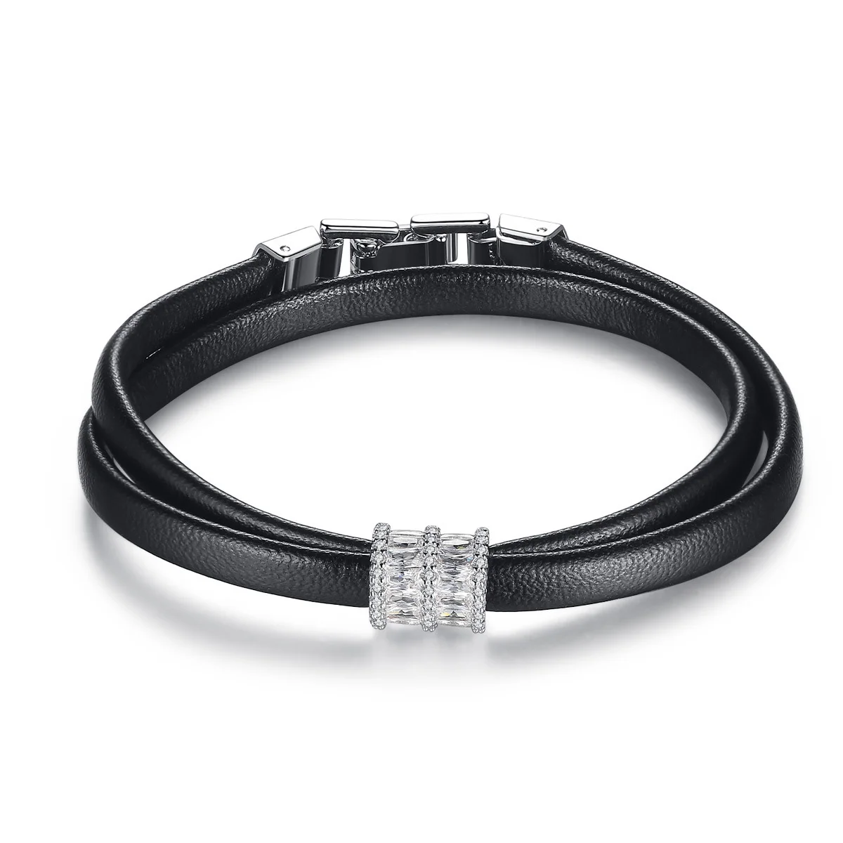 

2019 AAA Cubic Zirconia Charm Black Leather Layered Bracelets Bangles for Women Punk Fashion Women's Black Wrap Bracelets