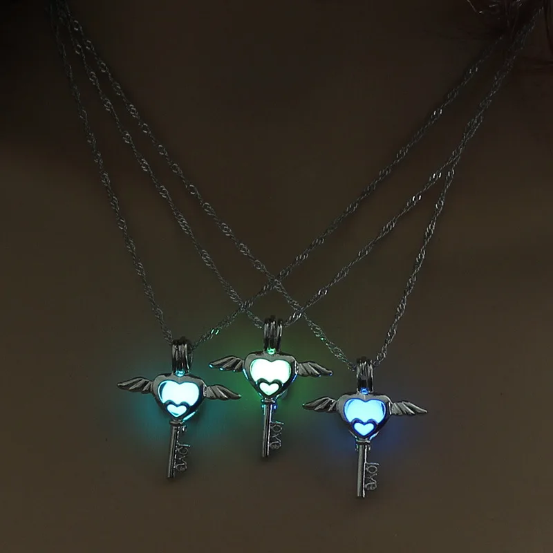 

New Brand Glow in the Dark Jewelry with Silver Plated Angel Key Shaped Glow in the Dark Pendant Necklace for Women Party Gift