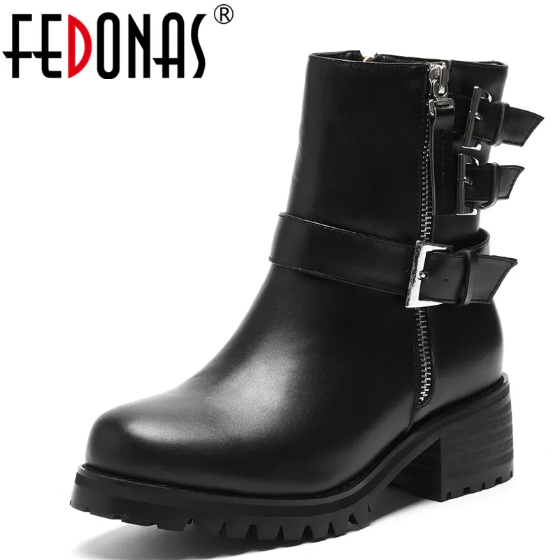 

FEDONAS 1Fashion Women Ankle Boots Genuine Leather Autumn Winter Warm High Heels Shoes Woman Buckle Decoration Motorcycle Boots