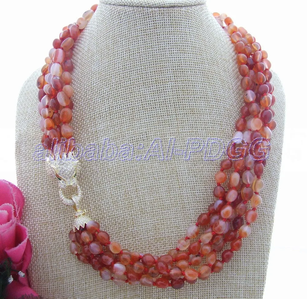 

6Strds Carnelian&CZ Clasp Necklace