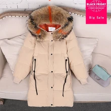 90% утиный пуховик, модный бренд, пуховик на молнии, женский большой меховой воротник из натурального меха енота, утепленное пуховое пальто с капюшоном, wq45