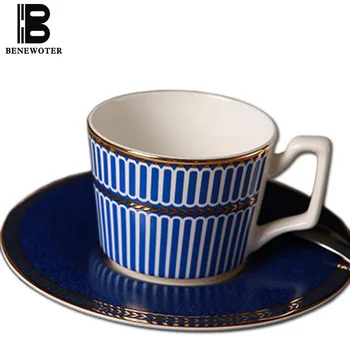 

180ml Blue Vertical Stripes Ceramic Bone China Coffee Cup Set with Saucer Kit | Espresso Coffee Tea Water Milk Mug Drinkware