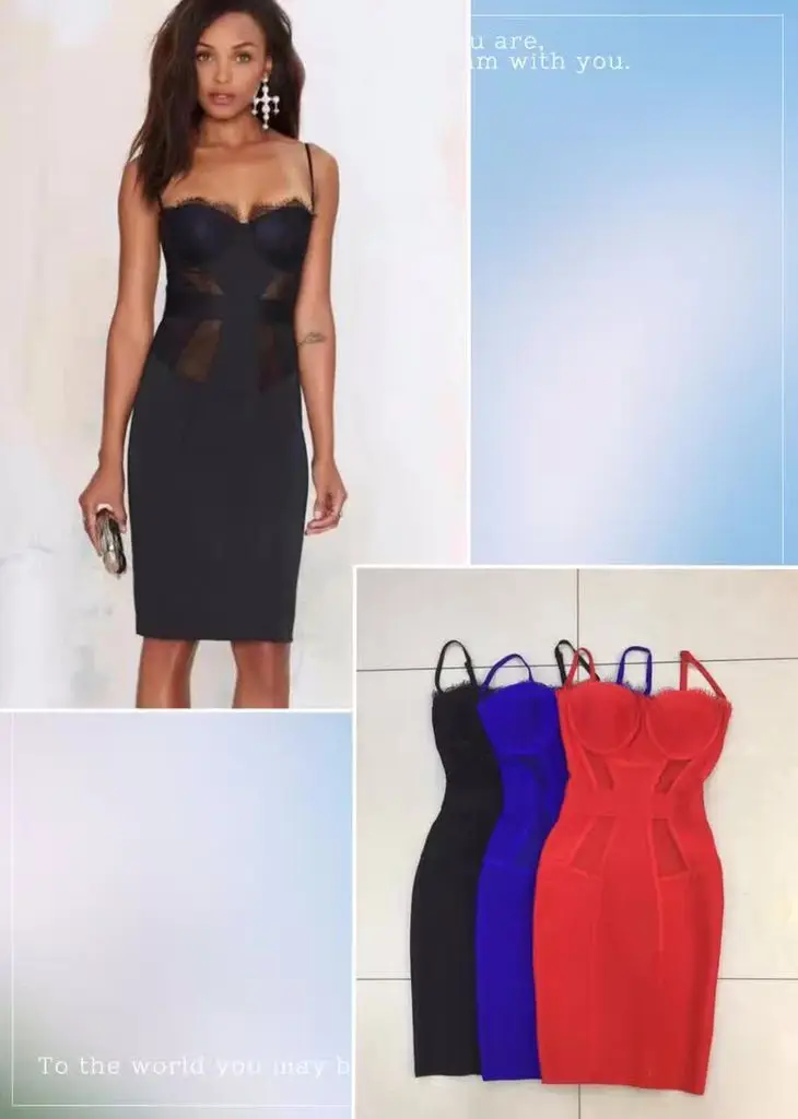 

High Quality Lace Black Red Black Hollow Out Knee Length Rayon Bandage Dress Cocktail Party Dress