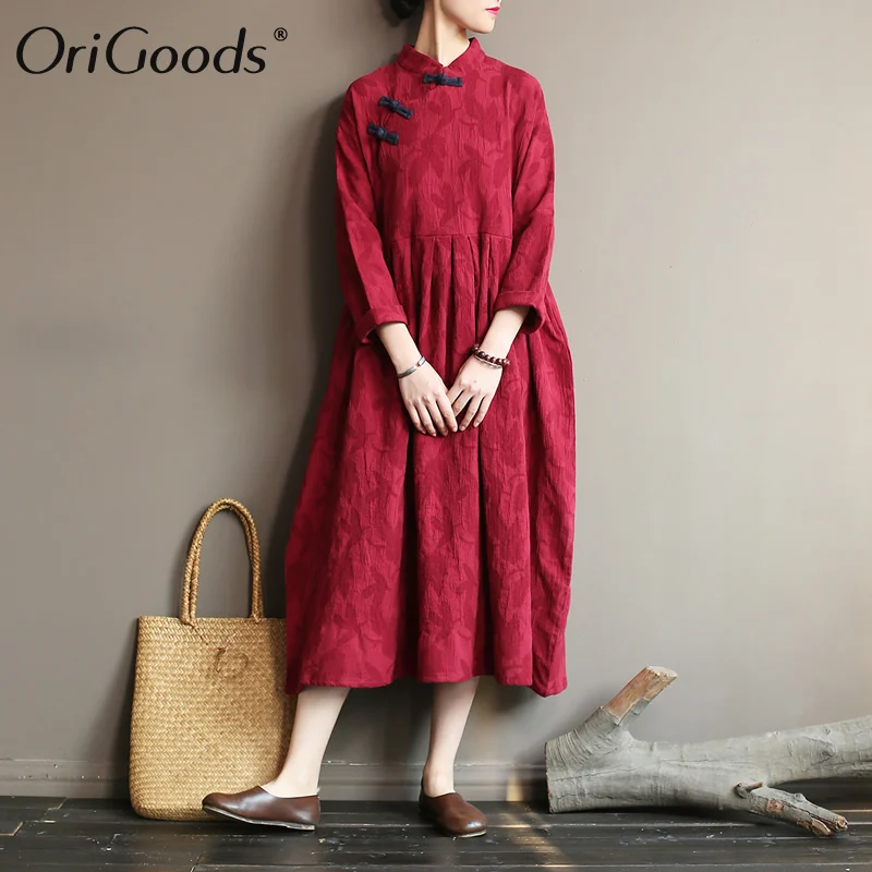 OriGoods Long sleeve Women Dress Chinese style Spring Autumn 2019 Plus size Vintage Cotton Linen Elegant A397 | Женская одежда