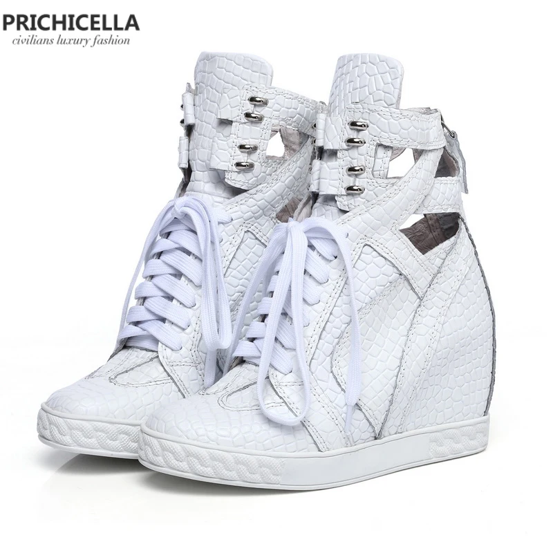 PRICHICELLA quality women shoes Genuine leather white cut out lace-up wedges shoes PRICHICELLA quality women shoes Genuine leather white cut out lace-up wedges shoes