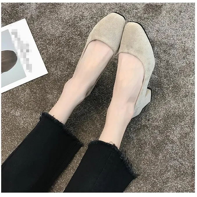EOEODOIT/весенне-осенние туфли-лодочки Модные женские офисные туфли из флока и кожи с квадратным носком на среднем массивном каблуке 5 см - Цвет: beige Flock