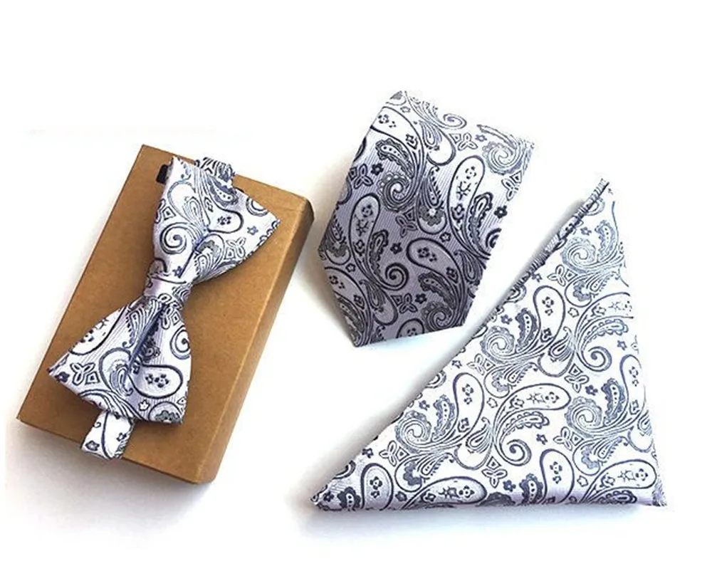 

CityRaider Silver Paisley Designer Mens Neckties Silk Ties For Men Handkerchief And Bow Tie With Match Neck Ties 3pcs Set CR014