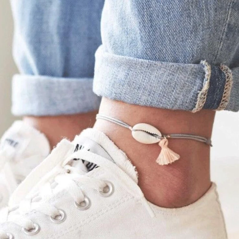 

SWEBLE Boho Tassel Shell Pendant Anklet for Women Girl Gray Rope Adjustable Anklets Bracelets Beach Foot Jewelry