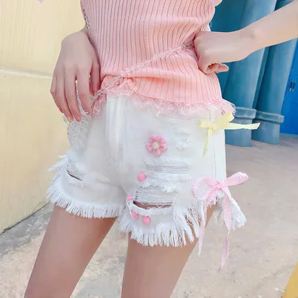 Летние джинсовые шорты Kawaii Junior, женские корейские шорты с дырочками, розовые, белые джинсы с бантом, Женские повседневные шорты с дырками - Цвет: Белый