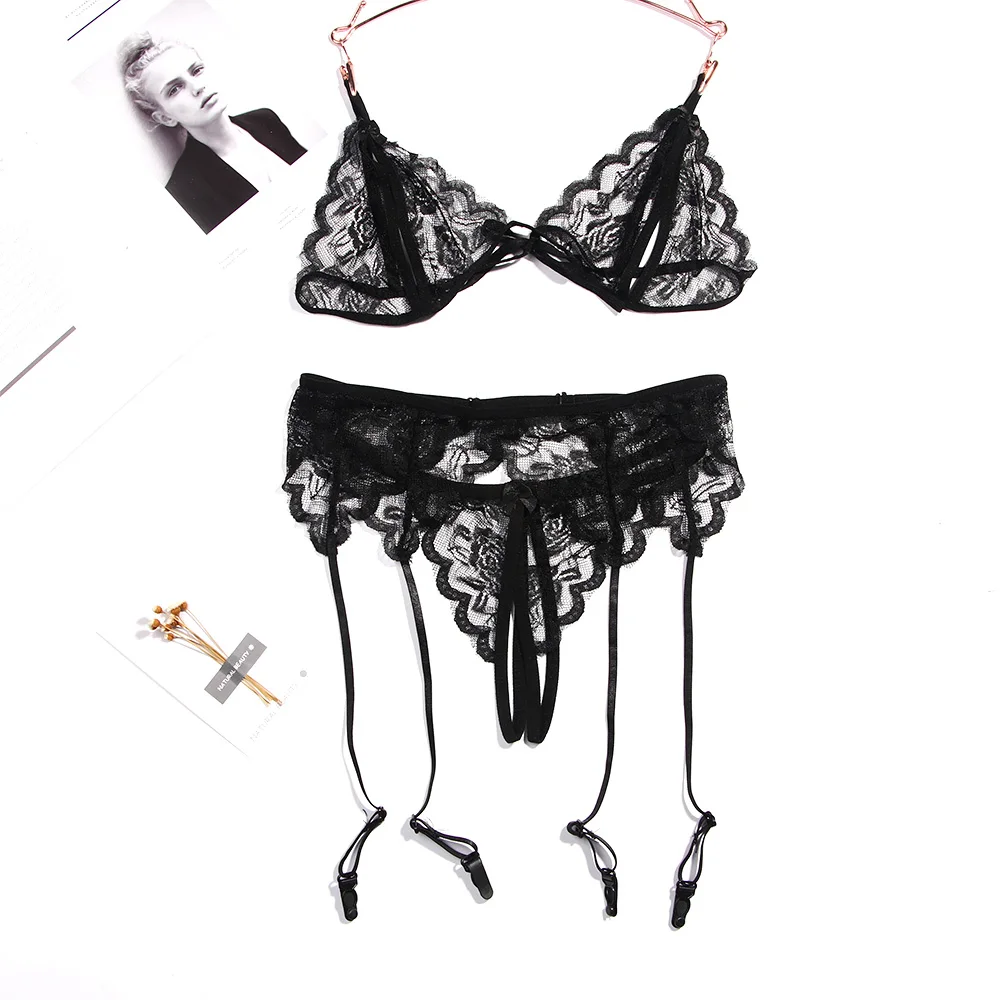 4pcs/set Sexy Exotic Underwear Lingerie Set Women Lace Bralette Bra With G-string And Garter with Stocking Charming Lingerie Set