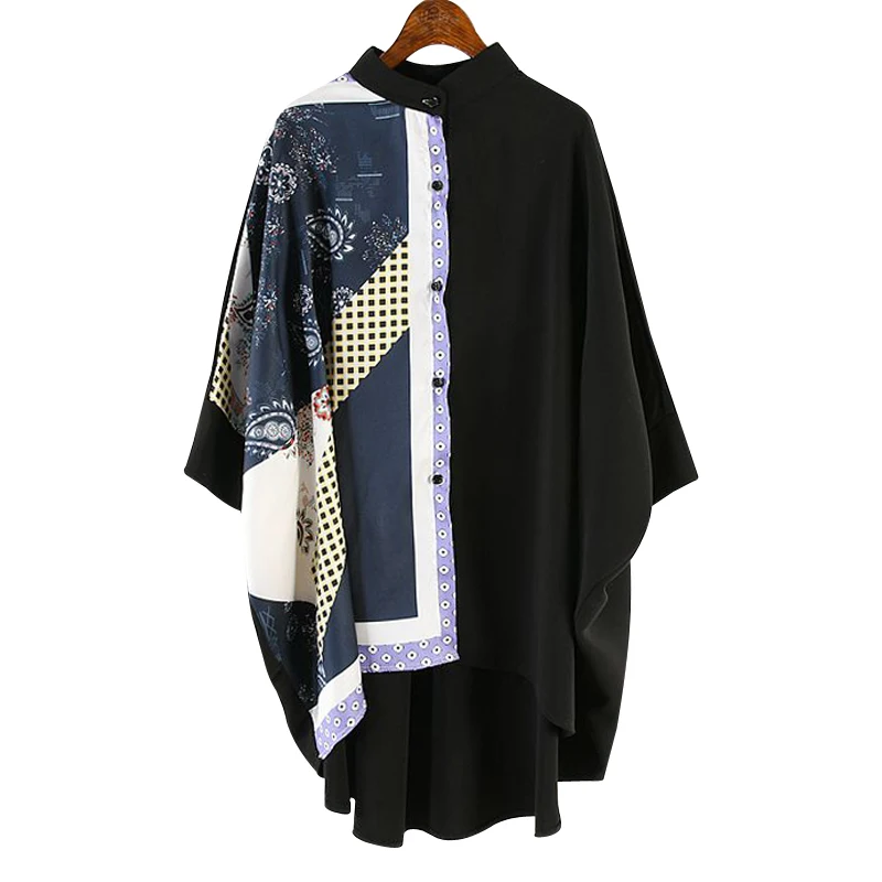 

[EWQ] Summer New Pattern Lapel Collar Half Sleeve Print Patchwork Single Brewasted Vintage Loose Shirt Women Fashion Tide AG093