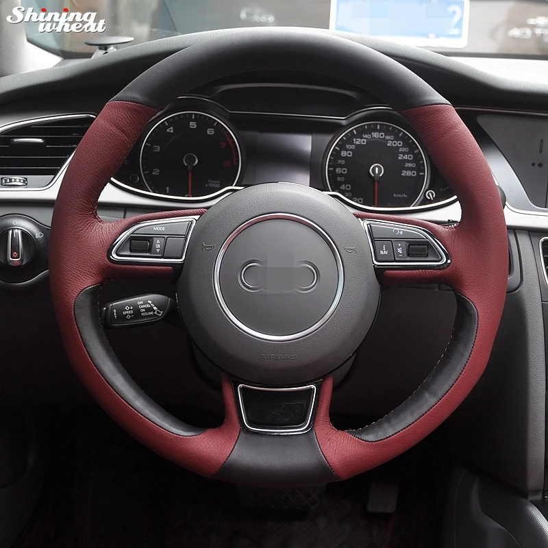 Shining wheat Hand stitched Wine Red Leather Black Leather Car Steering
