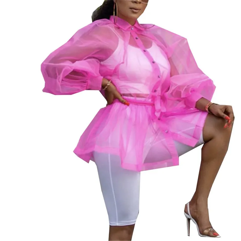 

2019 Tulle Transparent Sexy Blouses Women Tops Lantern Sleeves See Through Elegant Shirts Ladies Fashion Casual Blusas