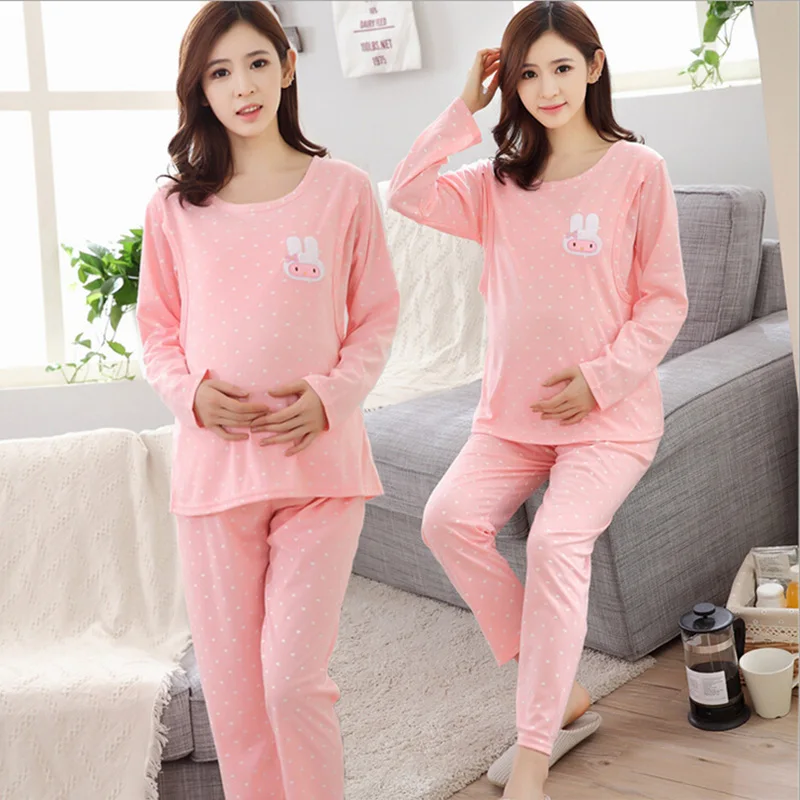 Casual Maternity Nursing Pajamas Set Long Sleeves Women Breastfeeding