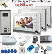 New Video Intercom With Recording Free 8GB SD Memory Cards For 3 Apartments With Rfid Electronic Door Lock Electronic Diy Kit