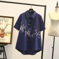 Плюс размер рубашка с вышивкой 2019 летняя новая блузка с коротким рукавом большого размера топы спереди короткий сзади длинные свободные