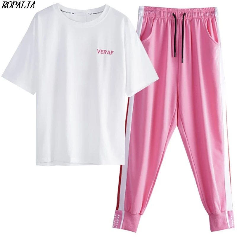 

2 Pieces Set Women O-Neck Letter & Cartoon Print Top And Ankle-Length Striped Print Elastic Waist Pants
