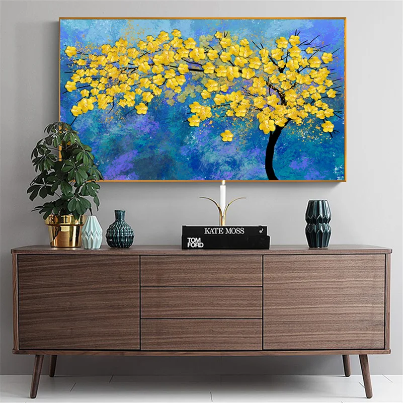 

Abstract Oil Painting on Canvas Tree Golden Flowers Poster Wall Pictures for Living Room Decoration Maison Cuadros Decoracion