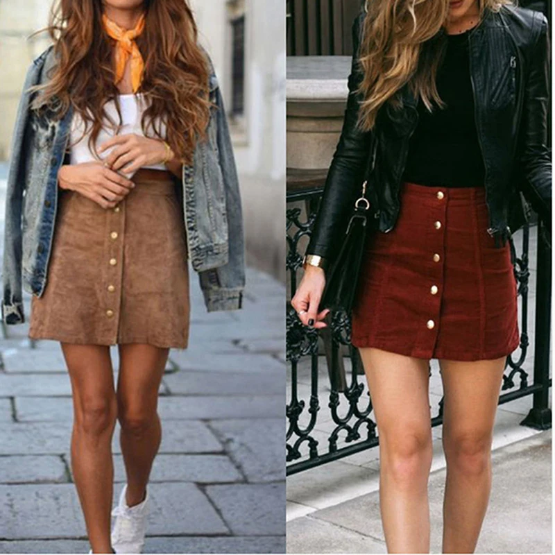 

Summer Women Mini Skirt 90's Vintage Short Skirt Winter High Waist A-Line Casual Skirts With Button