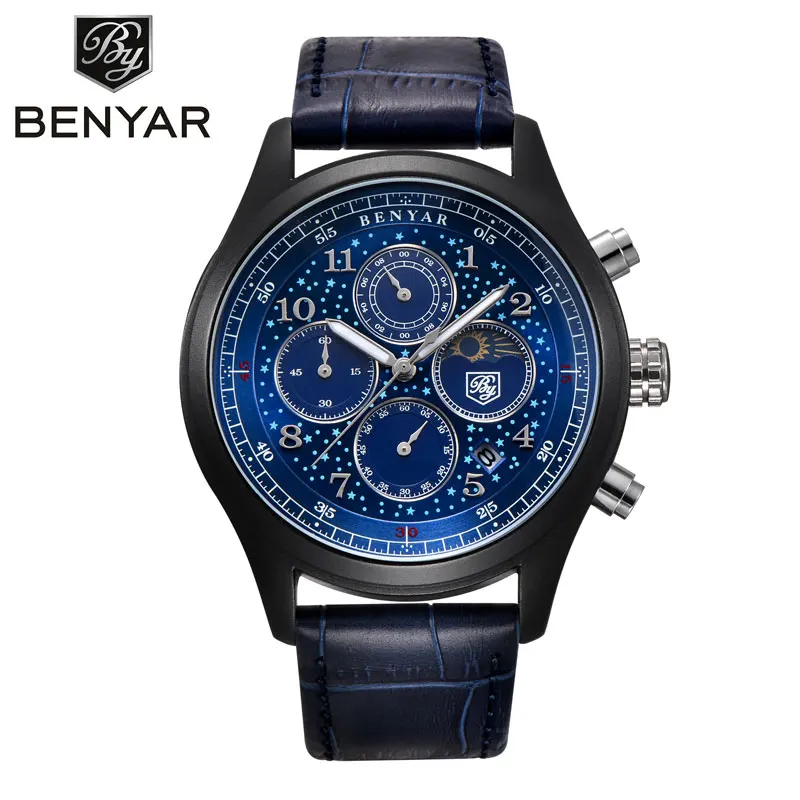 

BENYAR New Brand Men's Moon Phase Display Chronograph Calendar Quartz Watch Military Waterproof Leather Watch Relogio Masculino