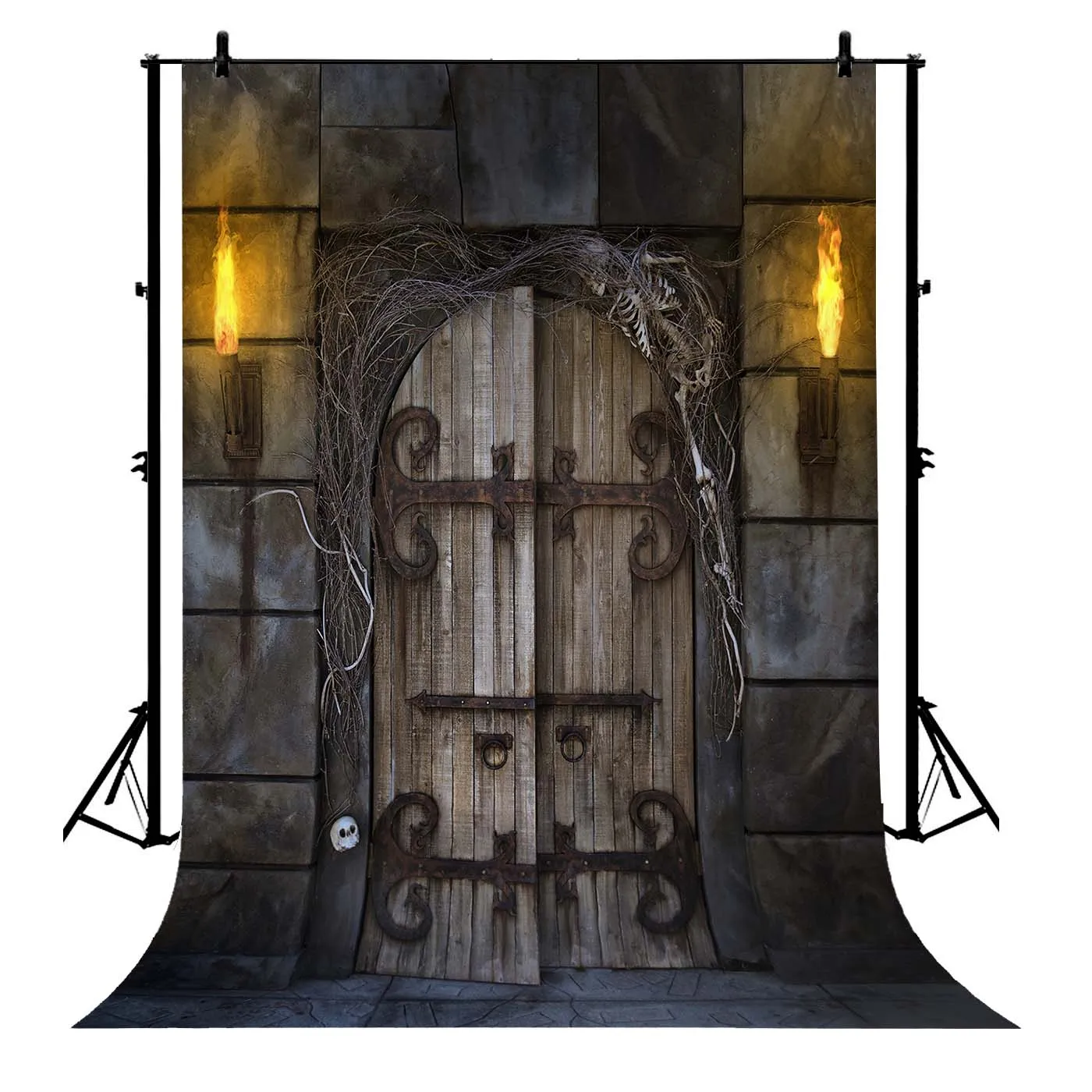 

5x7ft Halloween Horror Graveyard Wood Door Stone Wall Polyester Photo Background Portrait Backdrop