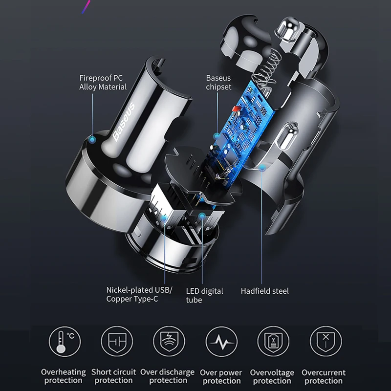 Baseus быстрое автомобильное зарядное устройство 6A 45 Вт двойной usb type C Зарядка для IPhone X 8 XS Max Xiaomi samsung huawei телефон Автомобильная Быстрая зарядка
