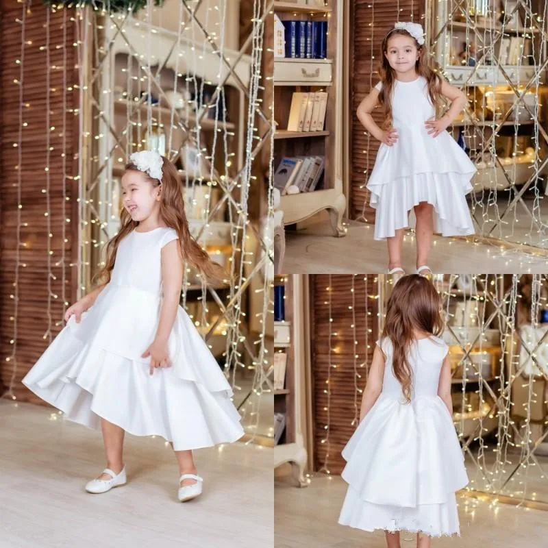 

White Satin Flower Girl Dress For Wedding High Low Girls Pageant Gowns Zipper Back Tiered Formal Birthday Party Gown Custom Made