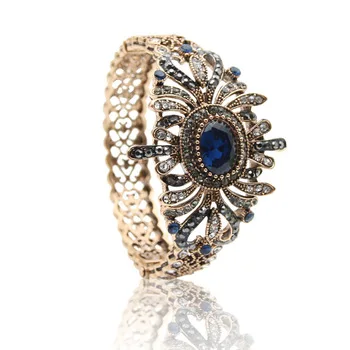 Exquisite Turkish Women Antique Gold Color Bangle&Bracelet Resin Rhinestone Jewelry Bangles Hollow Flower Pulseirsa Feminino