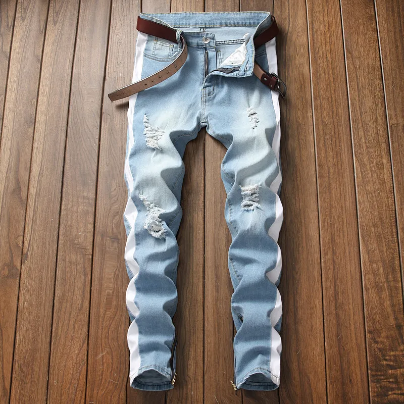 2018 Men Stretch jeans side stripe biker jeans denim ripped knee holes slim supper skinny hip hop jeans men 2018 Men Stretch jeans side stripe biker jeans denim ripped knee holes slim supper skinny hip hop jeans men