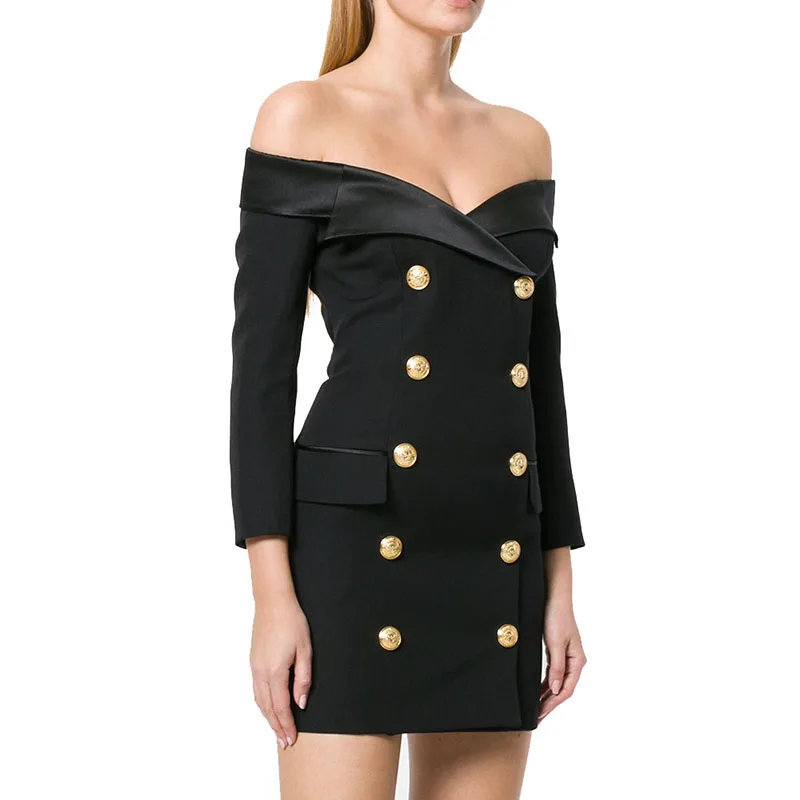 

HIGH QUALITY 2019 Newest Fashion Runway Designer Dress Women's Off The Shoulder Double Breasted Notched Collar Dress