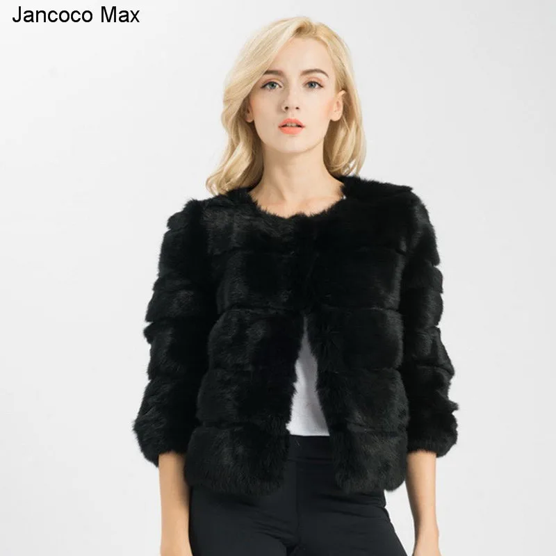 Jancoco Max 2019 новый для женщин Настоящее Кролик зимняя куртка с отделкой из меха 3/4 рукава высокое качество верхняя одежда модные стиль короткое пальто S1538 - изображение