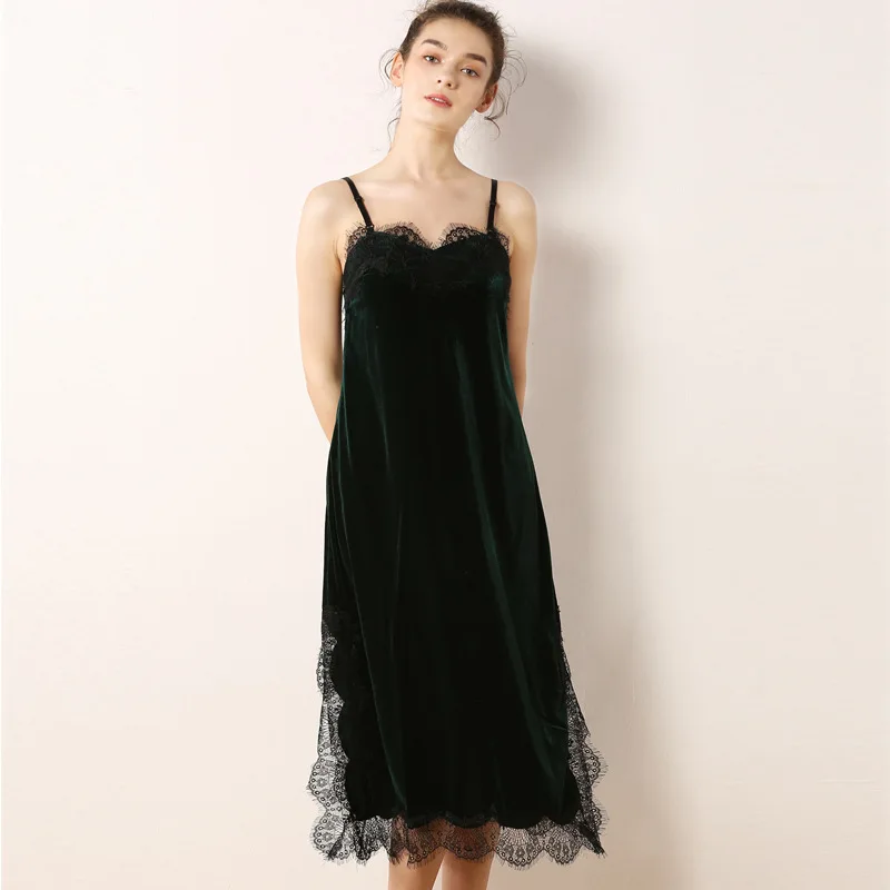 

2018 Autumn Night Dress Women Sleepwear Velvet Sleeping Skirt Sexy Eyelash sleeping dress Lace Spaghetti Strap Night Wear Dress