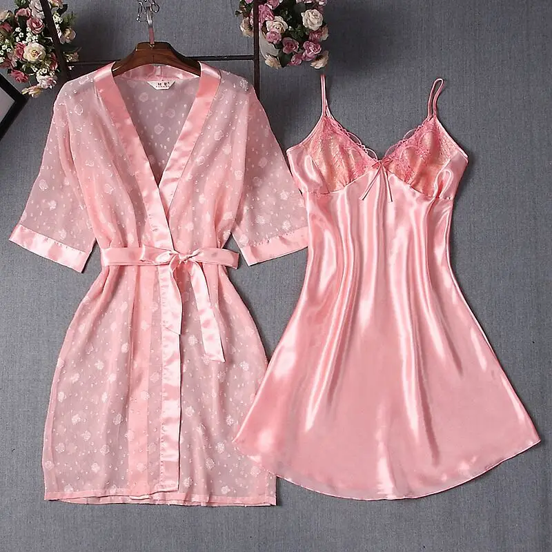 

Women Robe & Gown Sets Thin Kimono Bathrobe + Nightdress Sleep Suit Lace Mesh Bride Bridesmaid Sleepwear Wedding Robe Nightwear