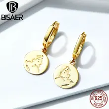 BISAER, модные серьги, серебро 925 пробы, на удачу, золотой цвет, монета, Винтажные серьги-гвоздики для женщин, Стерлинговое Серебро, ювелирное изделие ECE606